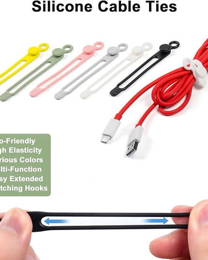 50Pcs Cord Organizer Kit, Reusable Silicone Cable Ties, Strong Adhesive Cable Clips for Cable Management, Multipurpose Wire Management for Bundling and Fastening Various Wires (6 Colors)