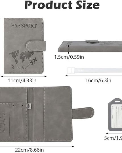 JIABEIUS 3pcs Passport Holder with 3pcs Luggage Tags, Pu Leather Travel Passport Cover, Waterproof Travel Wallet with RFID Blocker for Credit Cards, Cash, Boarding Passes Women Men