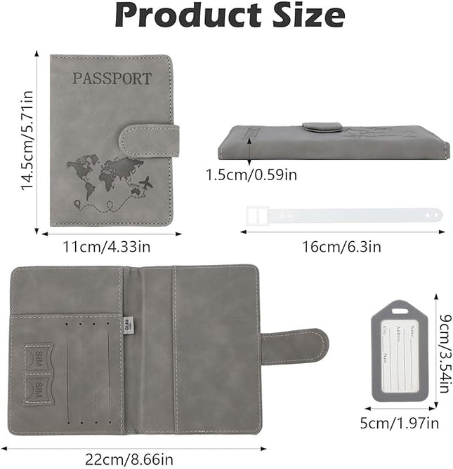 JIABEIUS 3pcs Passport Holder with 3pcs Luggage Tags, Pu Leather Travel Passport Cover, Waterproof Travel Wallet with RFID Blocker for Credit Cards, Cash, Boarding Passes Women Men