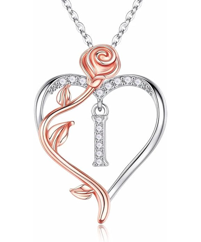 Iefil Christmas Gifts for Women Wife - 925 Sterling Silver Rose Heart Initial Necklace, Anniversary Birthday Gifts for Women, Jewelry Gift for Her Wife Girlfriend Mom Daughter