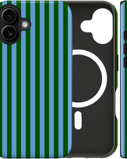 Magnetic for iPhone 17 Case Cute Stripes Phone Case, Shockproof Slim TPU and Hard PC Protective Phone Cover Compatible with MagSafe Designed for Women Girls, Green and Blue