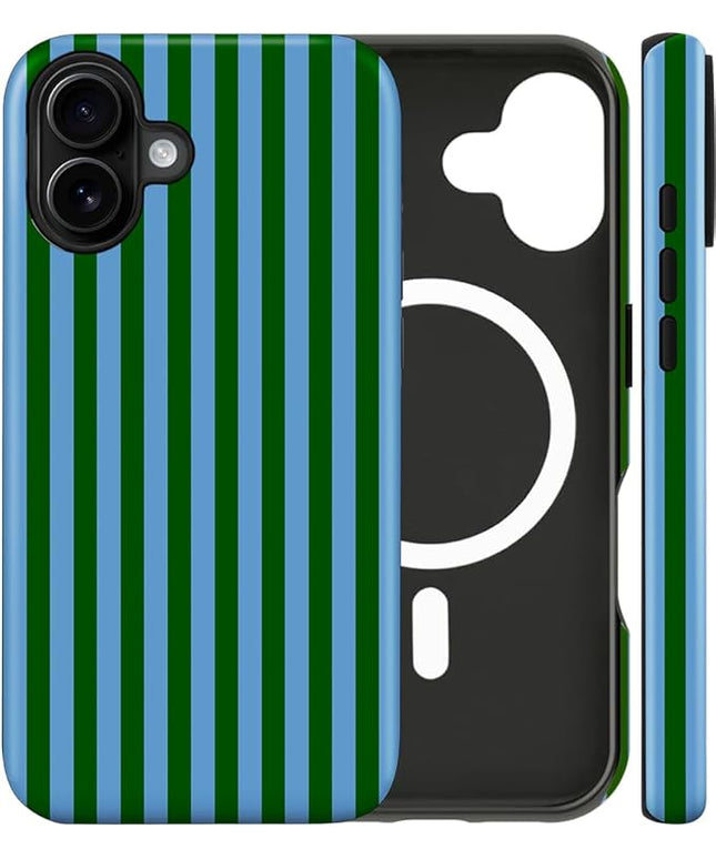 Magnetic for iPhone 16 Case Cute Stripes Phone Case, Shockproof Slim TPU and Hard PC Protective Phone Cover Compatible with MagSafe Designed for Women Girls, Green and Blue