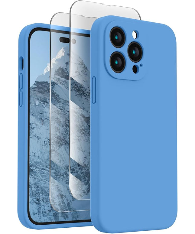 FireNova Designed for iPhone 14 Pro Case, Silicone Upgraded [Camera Protection] Phone Case with [2 Screen Protectors], Soft Anti-Scratch Microfiber Lining Inside, 6.1 inch,Blue