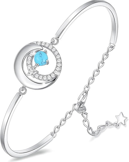 FANCIME Birthstone Bracelets 925 Sterling Silver Moon and Star Bangle Charm Bracelet Fine Jewelry Birthday Anniversary Christmas Day Gift for Her Women, Adjustable Chain 6.7"+1.2" Extend