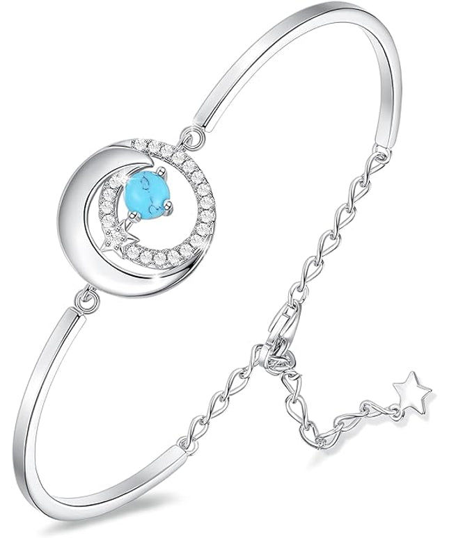 FANCIME Birthstone Bracelets 925 Sterling Silver Moon and Star Bangle Charm Bracelet Fine Jewelry Birthday Anniversary Christmas Day Gift for Her Women, Adjustable Chain 6.7"+1.2" Extend