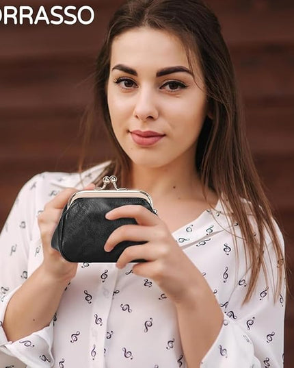 Genuine Leather Wallet Retro Kiss Lock Change Pouch Portable Coin Purse Key Case for Women Gift Box Black (Black)