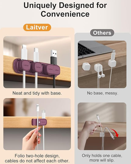 6 Pack Magnetic Cable Clips [1s Open/Lock], Laitver Cord Organizer Holder Strong Adhesive Desk Cable Management- Organize Charging Cords Neatly for Home, Office, Car,Desk, Nightstand-Dark Purple