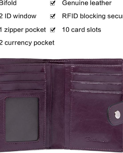 BOSTANTEN Women Leather Wallet RFID Blocking Small Bifold Zipper Pocket Wallet Card Case Purse with ID Window