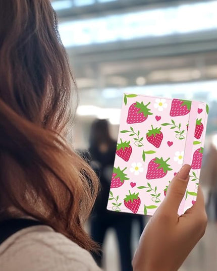 Strawberry Leather Passport Holder Cover Pink Hearts Flower Travel Wallet Passport Case with Credit Card Slots for Women Men Travelling Essentials for Flying