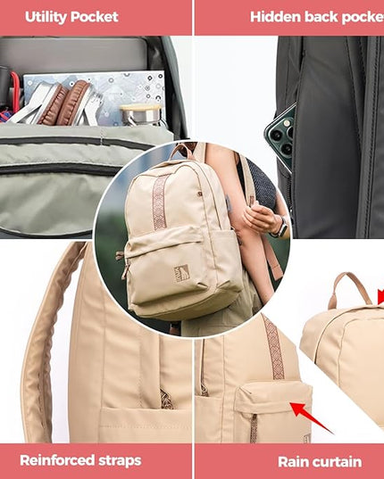INUK Geometric Stripe Laptop Backpack, 13 Inch Water Resistant Backpack for College & Work, Recycled Travel Daypack Made from 24 Plastic Bottles, with Hidden Pocket & Luggage Strap, Latte