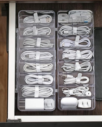 2Pcs Clear Cable Management Box with Lid, 26x9x5.5cm, Desktop Cord Organizer with Compartments (2, 10.2 x 3.5 x 2.2)