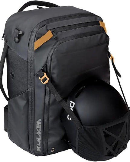 Käydä 44L Travel Backpack - Spacious Carry On Backpack with Detachable Travel Pouch, Magnetic Water Bottle Pocket, Passport and Laptop Pocket - Convertible Boot Bag for Snow Sports (Black/Gold)