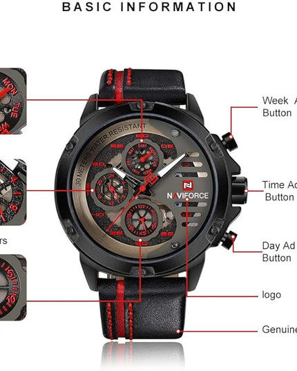 NAVIFORCE Sport Military Watches for Men Waterproof Watch Analog Quartz Leather Band Date Calendar Clock Wristwatch