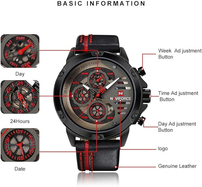 NAVIFORCE Sport Military Watches for Men Waterproof Watch Analog Quartz Leather Band Date Calendar Clock Wristwatch
