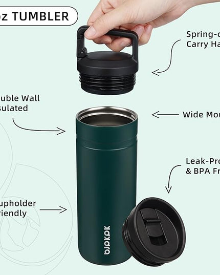 BJPKPK Insulated Water Bottle with 2 Lids,20 oz Double Wall Stainless Steel Vacuum Tumbler Travel Coffee Mug,Wide Mouth Thermal Cup,Dark Green