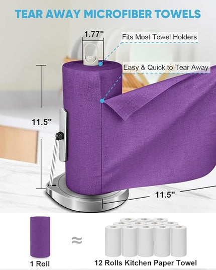 AIDEA Microfiber Cleaning Cloth Roll, 50PK, Reusable Paper Towels Tear Away Cloth, Microfiber Towels for Cars, Lint Free Cleaning Rags for House, Kitchen, Window, 11.5"×11.5", Purple