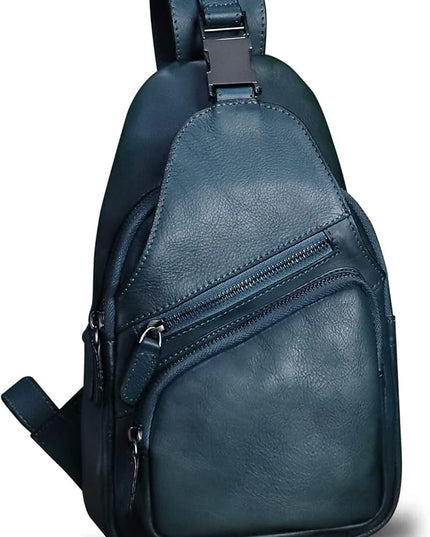 Genuine Leather Sling Bag Crossbody Purse Handmade Hiking Daypack Motorcycle Bag Retro Shoulder Backpack Vintage Chest Bag (NavyBlue)