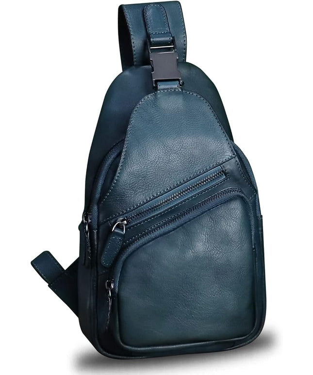 Genuine Leather Sling Bag Crossbody Purse Handmade Hiking Daypack Motorcycle Bag Retro Shoulder Backpack Vintage Chest Bag (NavyBlue)