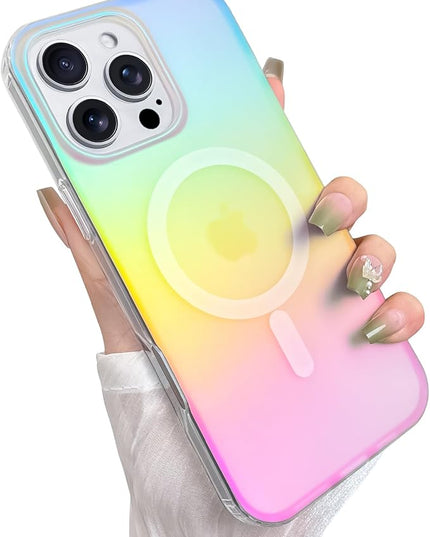 Cute Case for iPhone 16 Pro Case for Women Girls [Compatible with Magsafe] Aesthetic Girly Glitter Bling Rainbow Magnetic Protective Phone Cover, Translucent Iridescent Blue & Pink