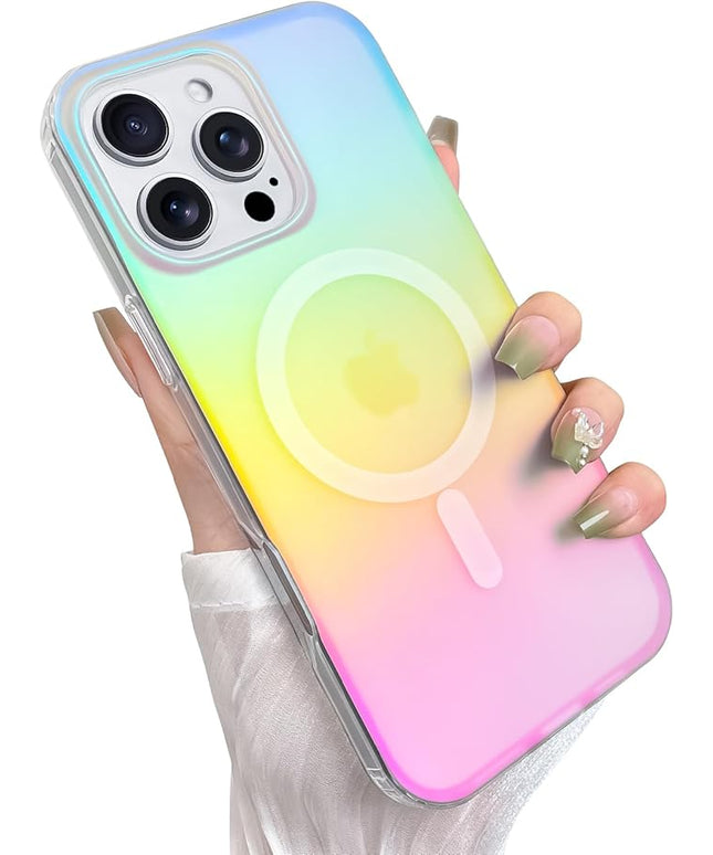 Cute Case for iPhone 16 Pro Case for Women Girls [Compatible with Magsafe] Aesthetic Girly Glitter Bling Rainbow Magnetic Protective Phone Cover, Translucent Iridescent Blue & Pink