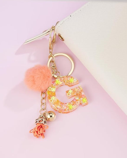 Resin Alphabet Initial Letter Keychain Keyring for Women Purse Handbags With Fur Ball Pom