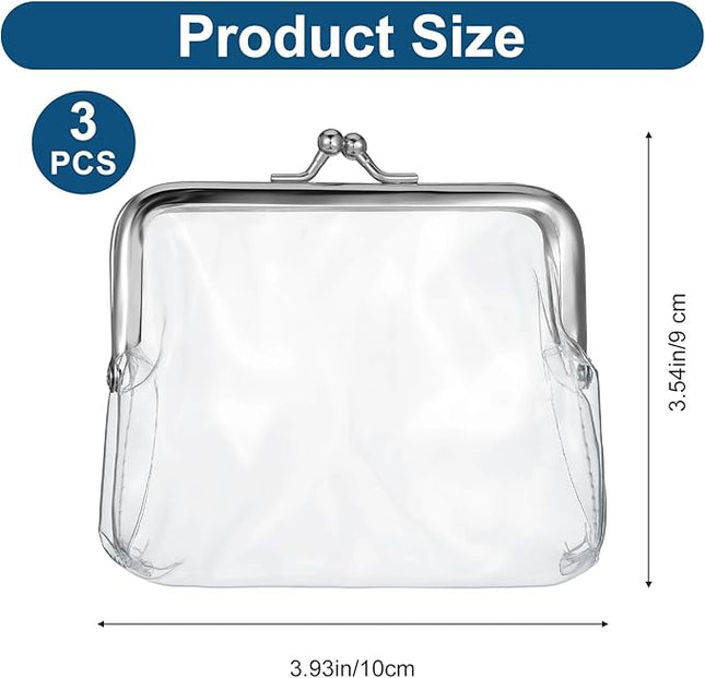 Xindojuz 3 Pcs Clear Coin Purse, Small Transparent Wallets for Women Metal Kiss Lock Change Pouch Jelly Wallets Clear Portable Coins Bags Change Purse, Plastic Waterproof Pvc Transparent Coin Wallet