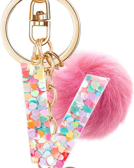 Resin Alphabet Initial Letter Keychain Keyring for Women Purse Handbags With Fur Ball Pom