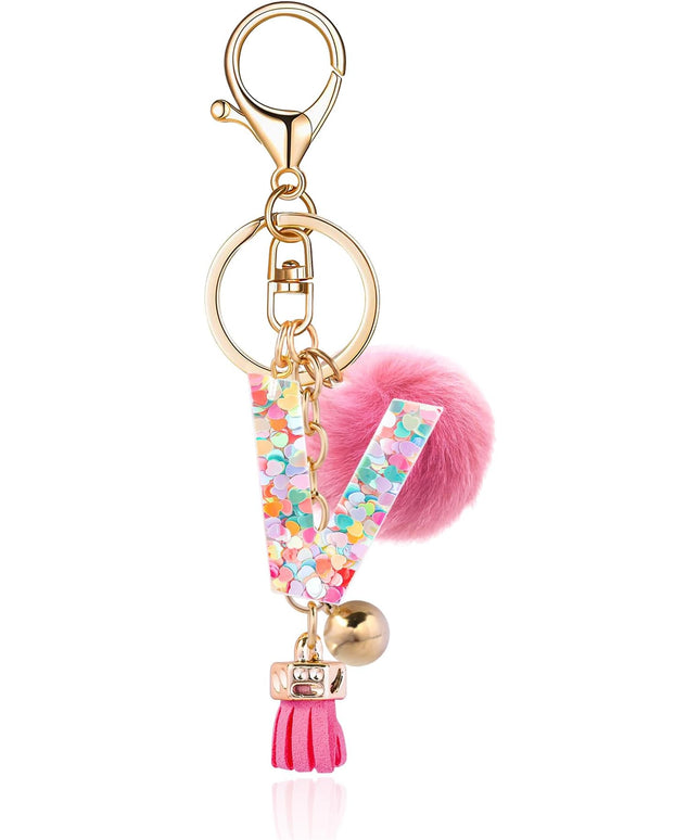 Resin Alphabet Initial Letter Keychain Keyring for Women Purse Handbags With Fur Ball Pom