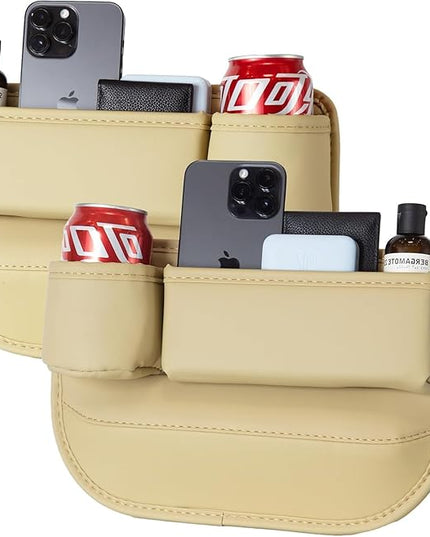 Car Seat Gap Filler Organizer with Cup Holders, Seat Gap Storage Box for Drinks, Phones, Keys, Sunglasses, Cards, and Small Essentials (Beige, Driver's + Passenger Seat)