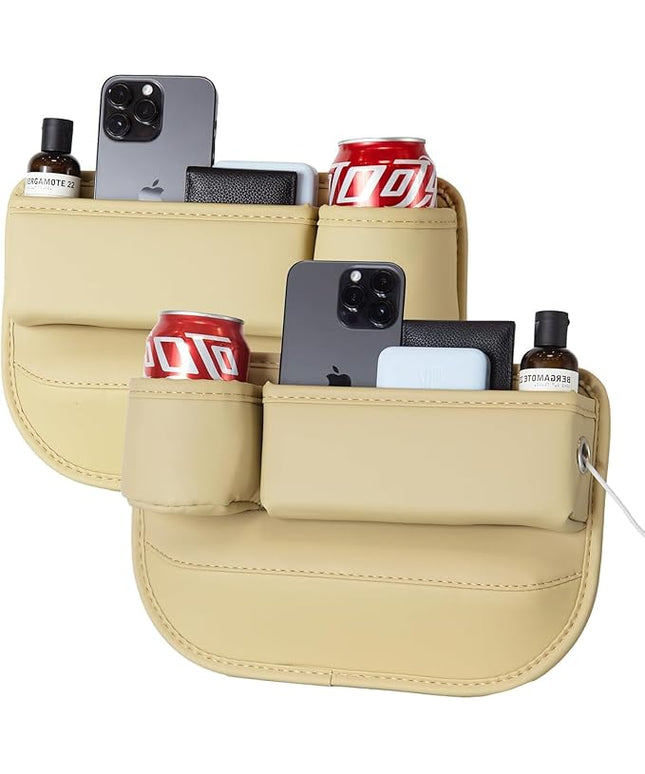 Car Seat Gap Filler Organizer with Cup Holders, Seat Gap Storage Box for Drinks, Phones, Keys, Sunglasses, Cards, and Small Essentials (Beige, Driver's + Passenger Seat)