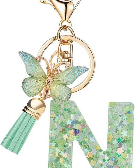 Fashion Alphabet Initial Letter Keychain Tassel Butterfly Pendant Key Ring for Purse Handbags Women Girl