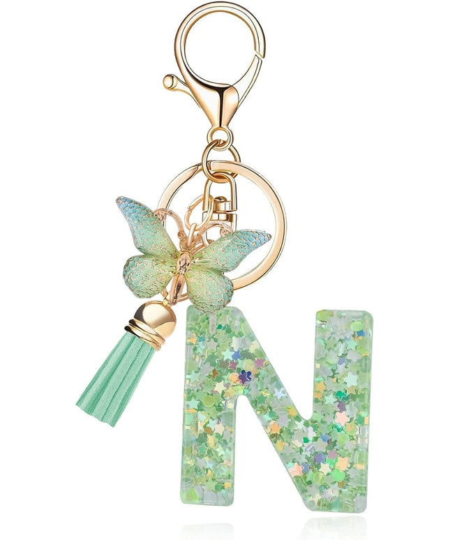 Fashion Alphabet Initial Letter Keychain Tassel Butterfly Pendant Key Ring for Purse Handbags Women Girl