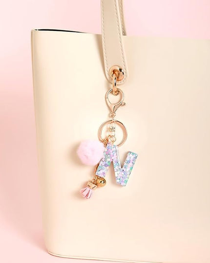 Resin Alphabet Initial Letter Keychain Keyring for Women Purse Handbags With Fur Ball Pom