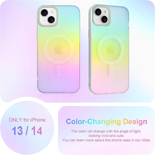 Cute Case for iPhone 14 & 13 Case for Women Girls [Compatible with Magsafe] Glitter Sparkly Girly Aesthetic Rainbow Magnetic Protective Cover, Translucent Iridescent Blue & Pink