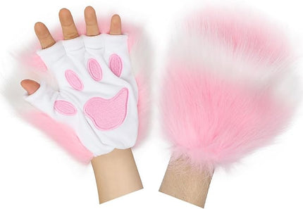 HAOAN Wolf Paw Gloves Faux Fur Cat Fingerless Mittens Winter Warm Cosplay Halloween Fancy Party Costume Accessories