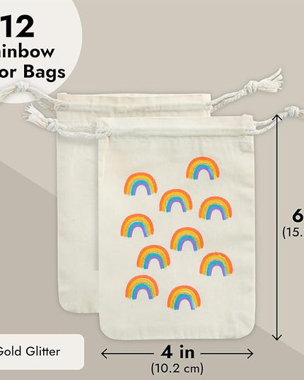 Juvale Rainbow Canvas Bags - 4 x 6 In, Pack of 12 - Mini Canvas Drawstring Bags for Kids & Party Favors - Rainbow Design