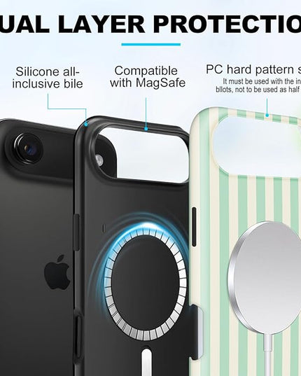 Magnetic for iPhone 17 Air Case Cute Stripes Phone Case, Shockproof Slim TPU and Hard PC Protective Phone Cover Compatible with MagSafe Designed for Women Girls, Light Green