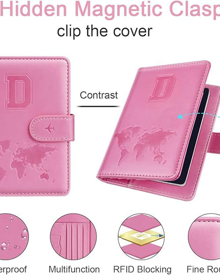 Passport Holder Cover Initail Letter A-Z Travel Wallet Embossed Design RFID Blocking Card Holder Personalized Gift Passport Cover Wallet, Passport Book Holders for Women and Girls, Pink-D