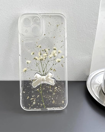 for iPhone 13 - White Flower Bow Case - Real Flower Gold Foil Transparent Case - Soft TPU Case for Women and Girls 6.1