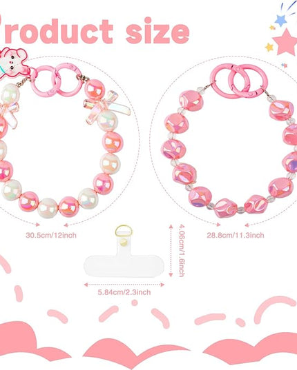 2 Pcs Phone Charm Wrist Strap with Tether Tab, Double Anti Lost Cute Beaded Wrist Lanyard, Detachable Transparent Phone Charms for Bag, Key Chains, Camera Decor