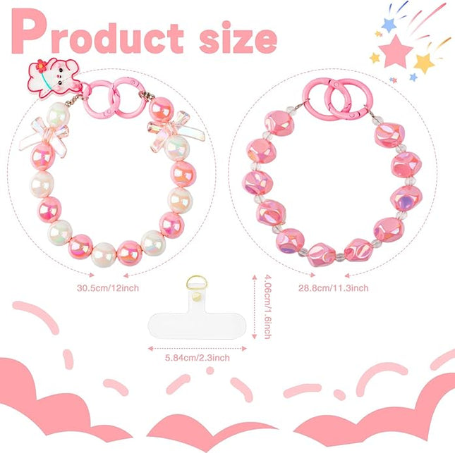 2 Pcs Phone Charm Wrist Strap with Tether Tab, Double Anti Lost Cute Beaded Wrist Lanyard, Detachable Transparent Phone Charms for Bag, Key Chains, Camera Decor