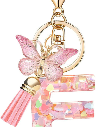 Fashion Alphabet Initial Letter Keychain Tassel Butterfly Pendant Key Ring for Purse Handbags Women Girl