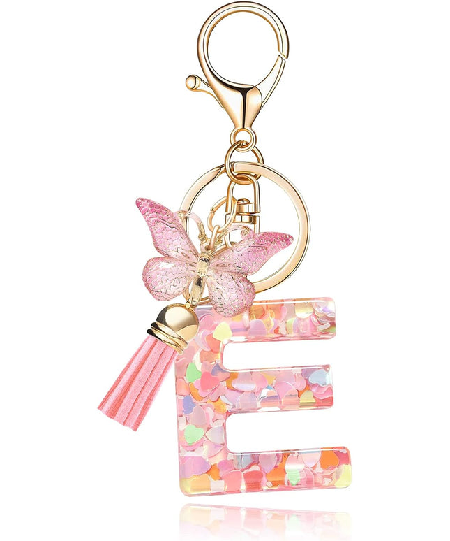 Fashion Alphabet Initial Letter Keychain Tassel Butterfly Pendant Key Ring for Purse Handbags Women Girl