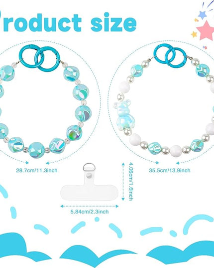2 Pcs Phone Charm Wrist Strap with Tether Tab, Double Anti Lost Cute Beaded Wrist Lanyard, Detachable Transparent Phone Charms for Bag, Key Chains, Camera Decor