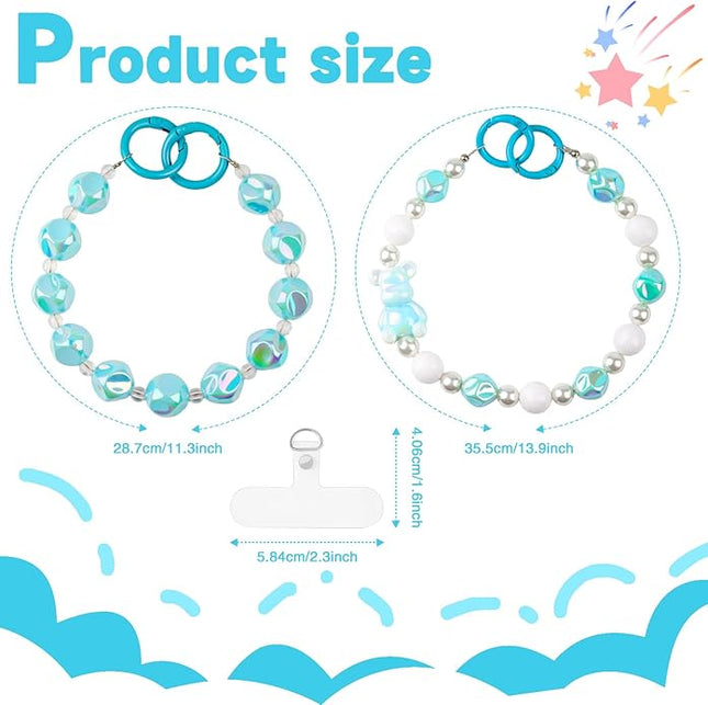 2 Pcs Phone Charm Wrist Strap with Tether Tab, Double Anti Lost Cute Beaded Wrist Lanyard, Detachable Transparent Phone Charms for Bag, Key Chains, Camera Decor