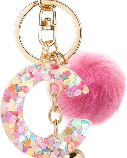 Resin Alphabet Initial Letter Keychain Keyring for Women Purse Handbags With Fur Ball Pom