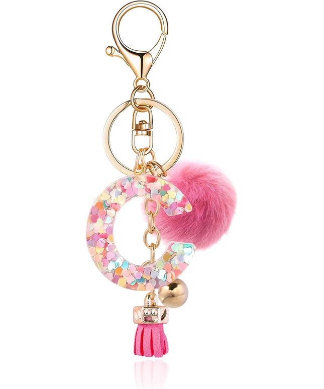 Resin Alphabet Initial Letter Keychain Keyring for Women Purse Handbags With Fur Ball Pom