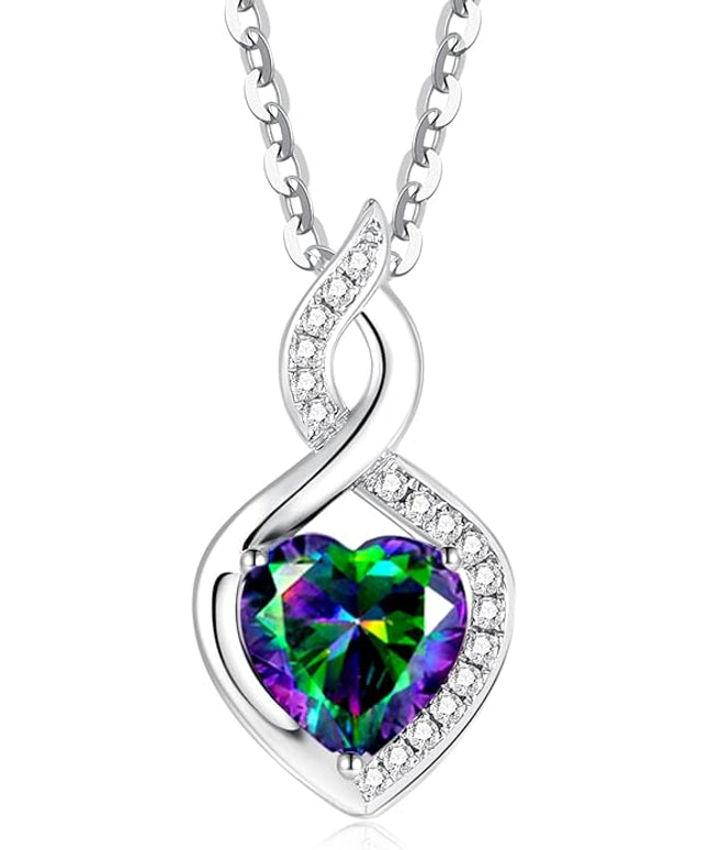 FANCIME 14K Solid White Gold Heart Birthstone Necklace with Diamond Pendent Birthday Gifts for Mom Women, Sterling Silver Chain 16" + 2" Extender