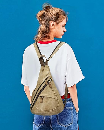 KL928 PU Leather Sling Bag - Small Crossbody Backpack Shoulder Casual Daypack Rucksack for Men Women(Light Coffee)
