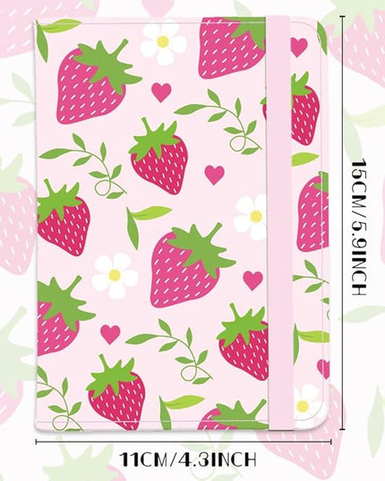 Strawberry Leather Passport Holder Cover Pink Hearts Flower Travel Wallet Passport Case with Credit Card Slots for Women Men Travelling Essentials for Flying